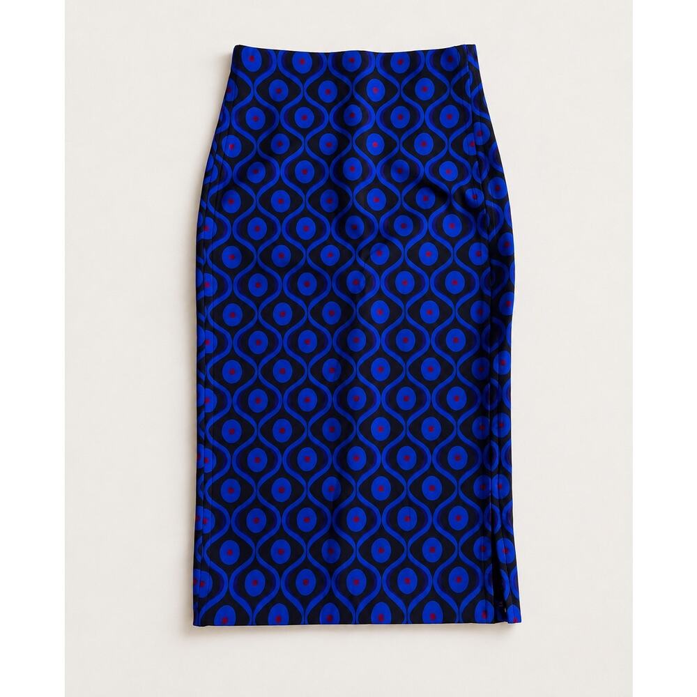 Zara Geometric Print Midi Skirt Blue Black Retro Mod Side Slit Quiet Luxury M